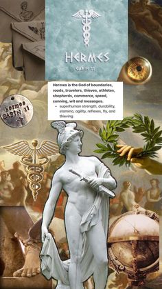 a collage of medical images including an angel, snake, and other things in the background