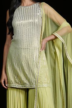 Lime ombre, padded short kurta with all-over sequin embroidery. Comes with pleated sharara and dupatta. - Aza Fashions Kurta Sharara Set, Kurta Sharara, Short Kurta, Padded Shorts, Sequin Halter, Sequin Embroidery, Sharara Set, Sequins Embroidery, Set For Women