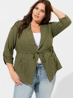 Dual Fold Short Sleeve Utility Drape Front JacketDual Fold Short Sleeve Utility Drape Front Jacket, DEEP DEPTHS Plus Size Short Jackets, Womens Utility Jacket, Drape Front Jacket, Olive Jacket, Layered Fabric, Drape Jacket, New Street Style, Shoes For Leggings, Swimming Outfit