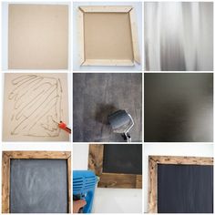 several pictures of different types of chalkboard and paint on the wall, including one with a painting brush