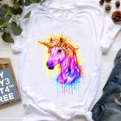 Lovely Unicorn With Flowers Printed Tshirt Femme Summer Top Female White Short Sleeve Casual T-Shirt Unicorn With Flowers, Women 90s, 90s Girl, Printed Tshirt, Girls T Shirts, White Short, Casual T Shirt, Summer Top, Casual T Shirts