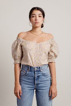 Romilda Button Up Puff Sleeve Blouse in Beige Multi - $50 | Tobi US Beige Blouse, Ditsy Floral Print, Smocked Top, Puff Sleeve Blouse, Puff Sleeve Top, Off Shoulder Tops, Ditsy Floral, Casual Girl, Lace Blouse