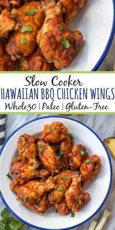 slow cooker hawaiian bbq chicken wings on a plate with parsley and garlic