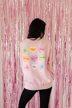 FINAL SALE Put a little pep in your step with this oversized candy heart graphic sweatshirt in our classic crew neck cut. An easy throw on outfit for running errands with denim and chunky kicks. Heart Graphic, Show Me Your, Top Sales, Sweater Weather, Show Me, Short Tops, Running Errands, Jumpsuit Dress, Dresses For Sale