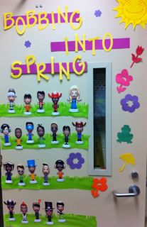 this is an image of a bulletin board with cartoon characters on it and the words bobbing into spring