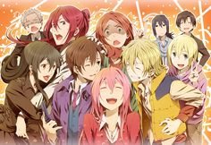 an anime group with many different colored hair styles and colors, all posing for the camera