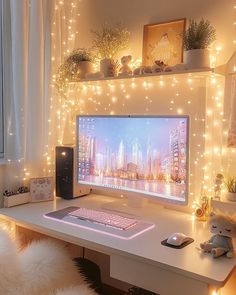 Game Room Ideas Aesthetic, Desk Ideas For Studying, Girl Gaming Room Ideas, Girly Game Setup, Cozy Desk Setup Ideas, Office Cozy Design, Gamer Girl Pc Setup, Stream Setup Ideas, Pc Girl Setup