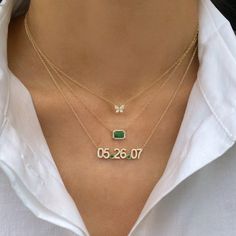 This beautiful necklace features the date or initials of your choice. Example Shown: 14K Yellow Gold, emeralds, 05.26.07 Enter up to 8 numbers or letters - other examples of dates include: 4.15.2017 or 6.12.05 or 6.5.2019, JR.KA, P.L MAKE SURE TO ENTER WHERE YOU WANT THE DOTS/PERIODS. Available in 14K Yellow, White or Rose Gold Dots are available in diamond, sapphire, ruby or emerald stones Measures approx. 1/4" in height and 1 - 1.25" long Diamond stones FINAL SALE Luxury Medallion Necklaces For Valentine's Day, Letter Jewelry Diamond, Luxury Sentimental Necklaces For Anniversary Gift, Luxury Yellow Gold Necklace Gift For Mom, Luxury Engraved Nameplate Jewelry, Necklace Name Design, Necklace With Emerald, Date Necklace, Initials Necklace