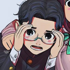 two anime characters one with glasses and the other with black hair, are looking at something