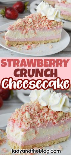 strawberry crunch cheesecake on a white plate with strawberries in the background