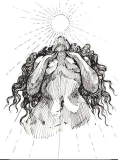 a black and white drawing of a woman's head with her hands in her hair