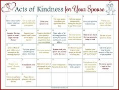 Monthly Acts of Kindness Calendars Love For Husband, Stronger Marriage, Marriage Challenge, Marriage Retreats, Acts Of Love, Relationship Challenge, Strong Marriage, Healthy Marriage