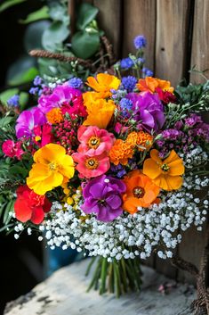 a bouquet of colorful flowers sitting on top of a wooden table