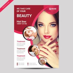 a flyer for a beauty salon with an image of a woman's face and hands