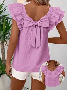 Púrpura malva Dulce Collar Manga capa Tela tricotada Liso Top Embellished No-Elástico Casual Solid Color Top With Bow, Solid Color Summer Tops With Bow, Beach Blouse With Ruffles, Spring Beach Tops With Bow Detail, Spring Beach Tops With Bow, Sleeveless Beach Tops With Bow Detail, Purple Ruffle Sleeve Tops For Summer, Purple Ruffle Sleeve Summer Tops, Casual Blouse Women