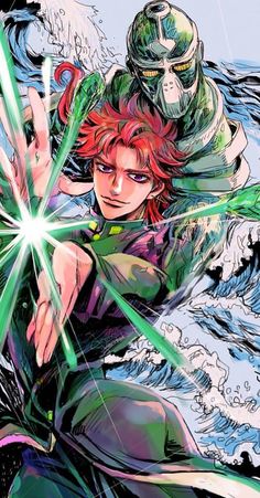 an anime character with red hair and green eyes holding a light saber in his hand