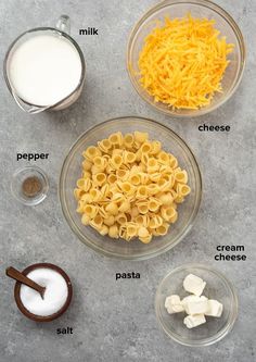 ingredients to make macaroni and cheese in bowls