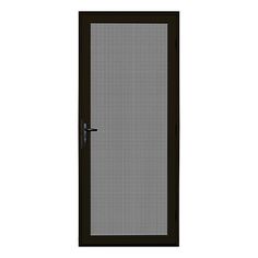 an open door with a screen on the outside and side panels in dark brown, isolated against a white background