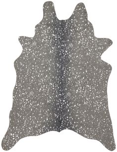 a black and white cowhide rug with speckles on the bottom, in front of a white background