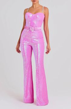 NADINE MERABI Tiffany Sequin Belted Wide Leg Jumpsuit | Nordstrom Nadine Merabi, Light Pastel Pink, Straps Jumpsuit, Corset Boning, Wired Bra, Belt Jumpsuit, Sequin Jumpsuit, Pink Jumpsuit, Red Midi Dress