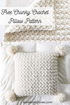 a crocheted pillow with pom - poms on it and the text, free chunk crochet pillow pattern