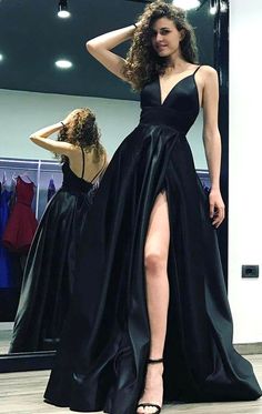 MACloth Straps Deep V neck Satin Long Prom Dress Black Formal Evening Gown Black Satin Prom Dress, Backless Ball Gown, Formal Prom Dresses Long, Spaghetti Strap Prom Dress, Evening Party Gowns, Backless Prom Dresses, Senior Prom, Black Prom, Dress Chiffon