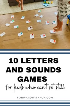 two children playing with letters and cards on the floor in front of a couch, with text overlay that reads 10 letters and sounds games for kids who can sit still