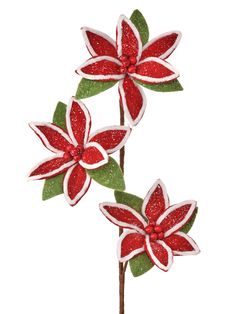 two red and white flowers with green leaves on it's stems, one is decorated with glitter