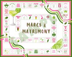 a poster with the words marcs and matrimony written in pink on it