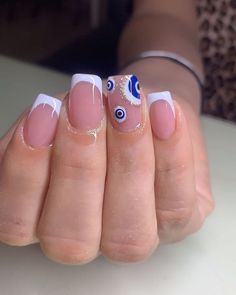 Short Gel Nails Evil Eye, Blush Nails Short, Gel Nails Evil Eye, Acrylic Nails Evil Eye, Simple Nails Acrylic, Nails Evil Eye, Acrylic Evil Eye, Nails Short Acrylic, Glitter Toe Nails