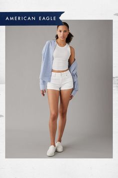 Next Level Stretch | Our softest, stretchiest, never-loses-its-shape denim/Won't bag out. Ever./White wash Chic Stretch Jean Shorts For Spring, Trendy Stretch Jean Shorts For Day Out, White Stretch Shorts For Everyday, White Jean Shorts For Spring Everyday Wear, White Jean Shorts For Everyday Wear, Trendy White Jean Shorts For Everyday, White Cotton Jean Shorts For Everyday, Fitted Casual Shorts For Everyday, Casual Fitted Shorts For Everyday