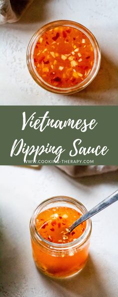 two small jars filled with orange sauce on top of a white countertop and the words vietnamese dipping sauce above them