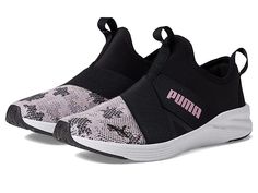 PUMA Better Foam Prowl Slip Swirl - Women's Shoes : Puma Black/Pale Grape : Create a casual and sporty vibe wearing PUMA Better Foam Prowl Slip Swirl Sneakers. Textile and synthetic upper. Textile lining. Removable textile insole. Slip-on closure. Pull tab on the front and back. Brand logo on side upper. Patterned detailing on the forefoot. Almond toe. Synthetic outsole. Imported. Measurements: Weight: 6 oz Product measurements were taken using size 7.5, width B - Medium. Please note that measur Sporty Nylon Slip-on Sneakers For Sports, Sporty Slip-on Sneakers With Removable Insole For Running, Sporty Textile Slip-on Sneakers, Casual Synthetic Slip-on Sneakers For Training, Casual Slip-on Sneakers For Training, Textile Slip-on Sneakers For Athleisure, Textile Slip-on Sneakers In Athleisure Style, Textile Athleisure Slip-on Sneakers, Sporty Ortholite Workout Sneakers