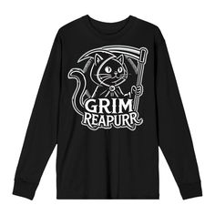 Embrace the spooky season with a purrfectly humorous twist in our "Grim Reapurr" Halloween design! Featuring a witty graphic of a black cat with a playful nod to the Grim Reaper, this graphic is ideal for cat lovers who enjoy a good Halloween laugh. Made from soft, high-quality cotton, it ensures comfort for all your Halloween adventures, from costume parties to trick-or-treating. Available in various sizes and colors, this shirt makes a fantastic gift for anyone who adores cats and the Hallowee Black Long Sleeve Halloween Shirt, Cheap Black Halloween T-shirt, Unisex Black Halloween T-shirt, Affordable Black Halloween T-shirt, Black Halloween T-shirt With Cat Design, Halloween Adventure, Sleeve Packaging, Fabric Names, Full Zip Hoodie