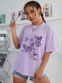 Lilac Purple Casual Collar Half Sleeve Fabric Butterfly  Embellished Slight Stretch Summer Women Clothing 2000s Clothes, Cute Nike Outfits, White Fashion Casual, Drop Shoulder Tee, Butterfly Shirts, Khaki Fashion, Purple T Shirts, Round Neck Tees