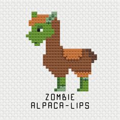 a pixel art style animal with the words zombie alpaca - lips on it