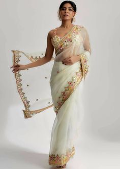 Maahi Sari Set Chanderi Pre-draped Saree With Intricate Embroidery For Reception, Bollywood Style Embroidered Pre-draped Saree For Diwali, Semi-stitched Pre-draped Saree With Intricate Embroidery, Designer Bollywood Pre-draped Embroidered Saree, Bollywood Style Designer Embroidered Pre-draped Saree, Transitional Embroidered Organza Pre-draped Saree, Fitted Tissue Silk Saree With Intricate Embroidery, Bollywood Style Embroidered Chanderi Pre-draped Saree, Bollywood Pre-draped Saree With Intricate Embroidery For Festive Occasions