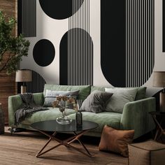 a living room with black and white wallpaper, green couches and coffee table