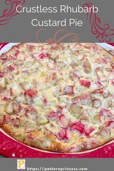 a close up of a pie on a plate with the words magic rhubarb pie