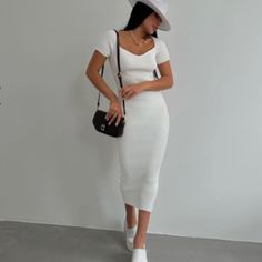 Square Neck Midi Length Dress - White, Perfect For Summer Outfit White Ribbed Fitted Maxi Dress, Summer Ribbed Midi Dress With Short Sleeves, White Ribbed Maxi Dress For Spring, Casual Fitted Ribbed Midi Dress, Spring White Ribbed Maxi Dress, Casual White Ribbed Maxi Dress, White Ribbed Midi Dress For Spring, White Ribbed Casual Maxi Dress, Spring White Ribbed Midi Dress