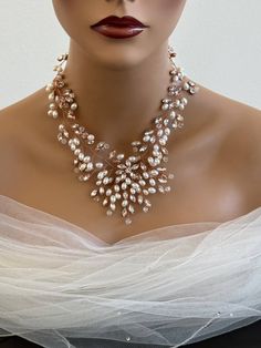 Rose Gold Wedding Jewelry With Sparkling Stones, Rose Gold Crystal Bridal Earrings For Wedding, White Sparkling Bridal Necklace For Wedding, Rose Gold Crystal Necklaces For Wedding, Sparkling White Bridal Necklace For Wedding, Sparkling Crystal Necklaces For Wedding, Pearl White Wedding Jewelry, Rose Gold Crystal Jewelry For Wedding, Wedding Crystal Pearl Drop Jewelry Sets