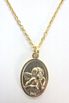 "Thoughtful Cherub / Guardian Angel Medal Pendant Necklace 1\" Die cast, gold plated medal front: Thoughtful Cherub reverse: Guardian Angel signed Italy 20\" Gold plated light cable chain spring ring clasp made in USA Gift Boxed" Gold-tone Medallion Charm Necklace For Gift, Valentine's Day Gold Locket Necklace Nickel Free, Gold Nickel-free Charm Necklaces As Gift, Nickel-free Gold Necklace For Valentine's Day, Gold Nickel-free Necklace For Valentine's Day, Valentine's Day Gold Nickel-free Necklace, Nickel Free Gold Pendant Locket Necklace, Nickel-free Gold Pendant Locket Necklace, Gold Pendant Locket Necklace Nickel Free