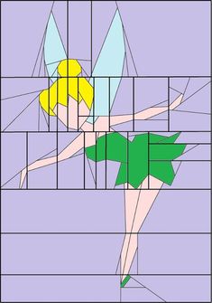 a drawing of a woman in green and yellow with squares on the bottom, behind her