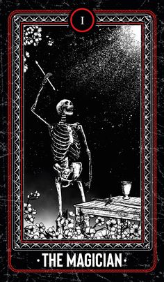 the magician tarot card with a skeleton holding up a stick in it's hand