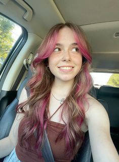 finally got my dream hair :,) brown hair with pink highlights 🩷 Brown Hair Pink And Blonde Highlights, Blonde Hair Brunette Highlights, Haircuts For Long Hair No Bangs, Red Head With Pink Highlights, Dyed Hair On Brown Hair, Light Pink Ends On Brown Hair, Pink Under Lights Hair, Pink Hair In Brown Hair, Brown Hair With Colour Underneath