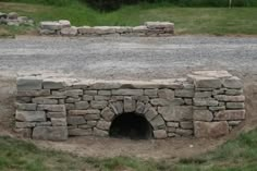 there is a small stone tunnel in the middle of the ground with grass and rocks around it