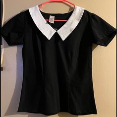 Nwt Super Cute Rockabilly Top, Size Small But Very Stretchy Measures 16” Pit To Pit And 21” Shoulder To Bottom From A Smoke Free Home Black Fitted Top With Peter Pan Collar, Adidas Floral, College Tees, White Stag, Coffee Tees, Rockabilly Outfits, Linen Tee, Michael Stars, Flutter Sleeve Top