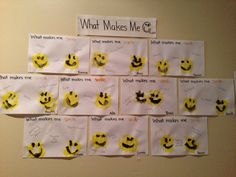 a bulletin board that has been decorated with yellow smiley faces and what makes me? written on it