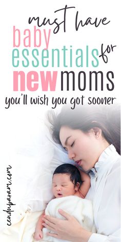 a mother holding her baby in bed with the text must have essentials for new moms you'll wish you got sower