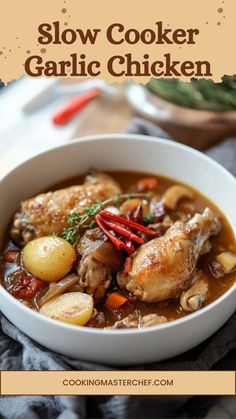 slow cooker garlic chicken in a white bowl